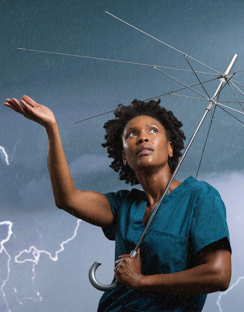 Commercial photography — nurse reaching upward amid lightning, Prevahex campaign composite