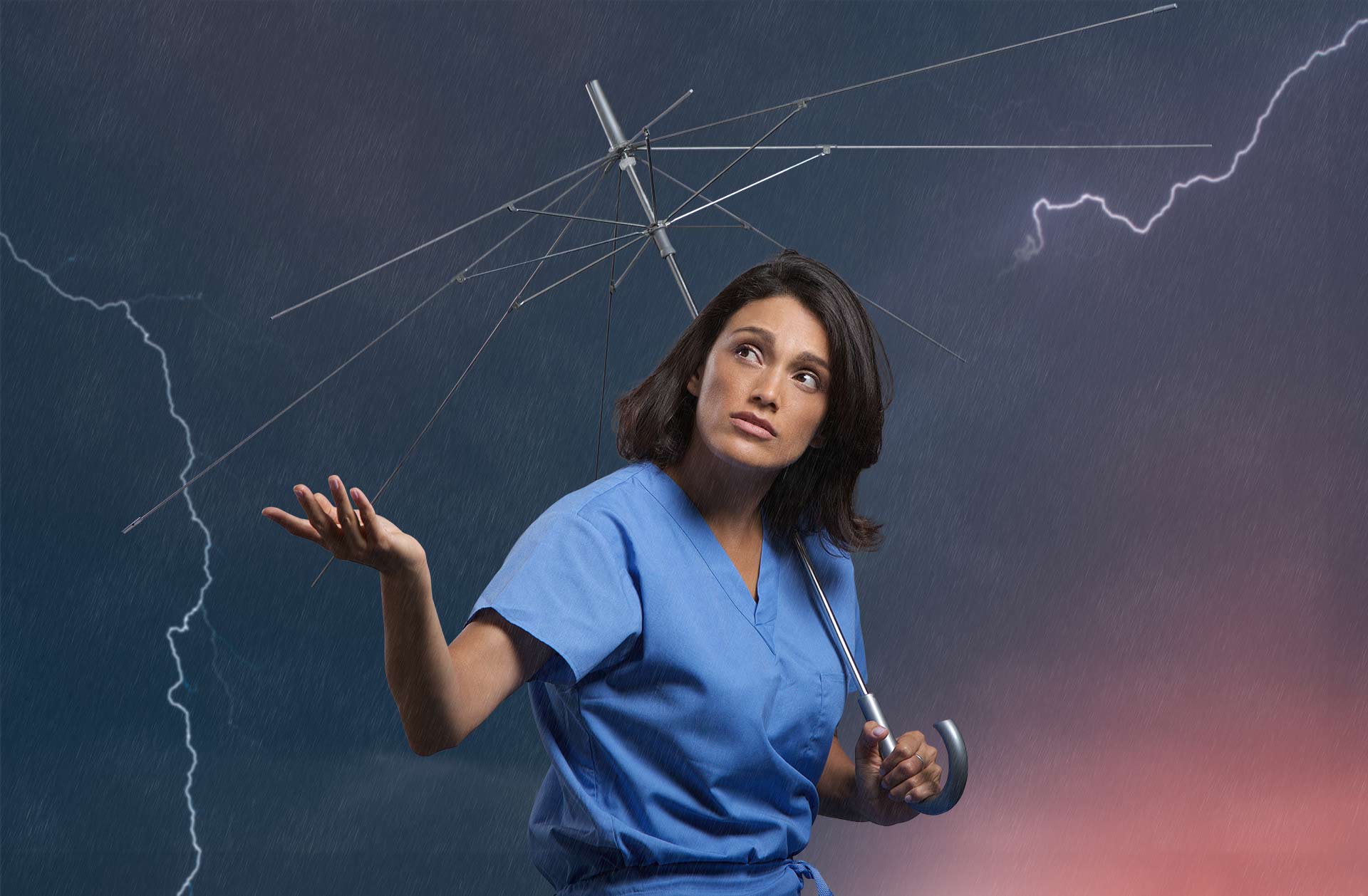 Commercial photography — nurse holding umbrella amid lightning, Prevahex campaign composite
