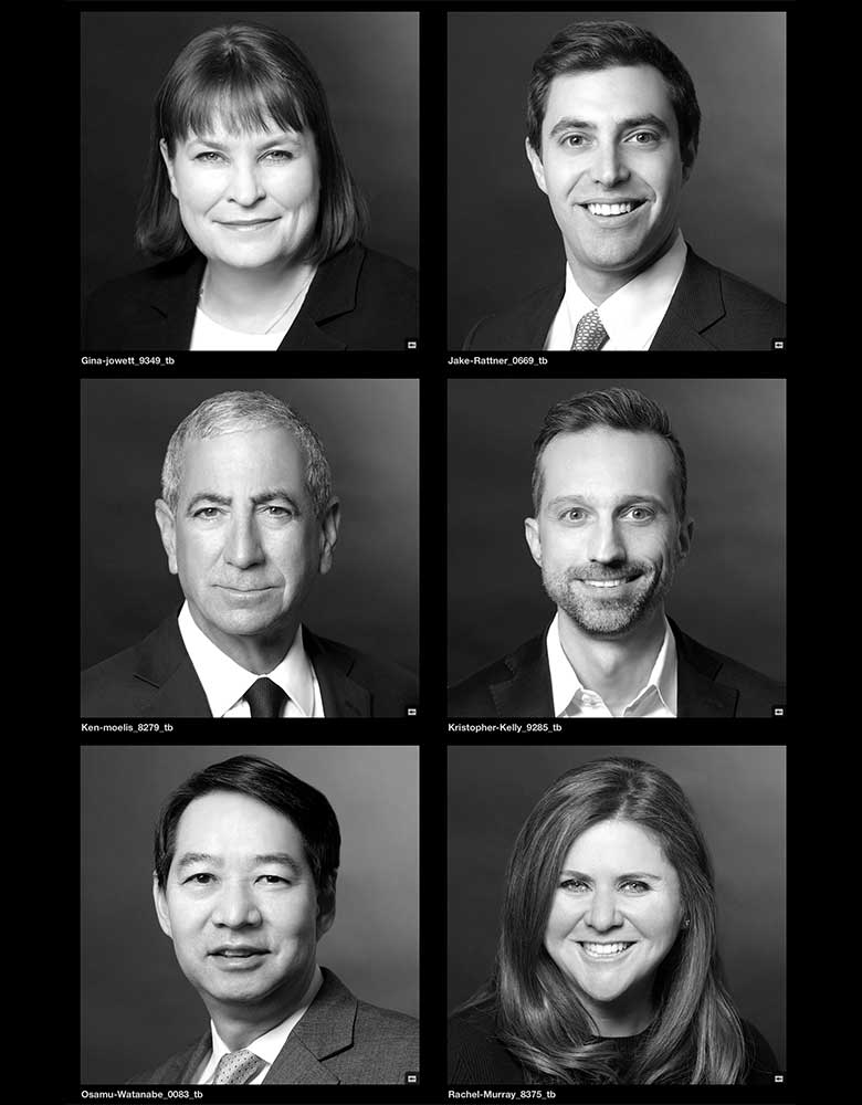 Corporate headshots NYC — grid of six black-and-white executive portraits