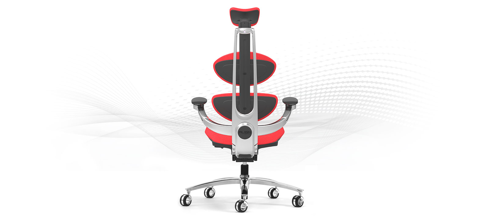 Product photography — red MUUV ergonomic chair, back view