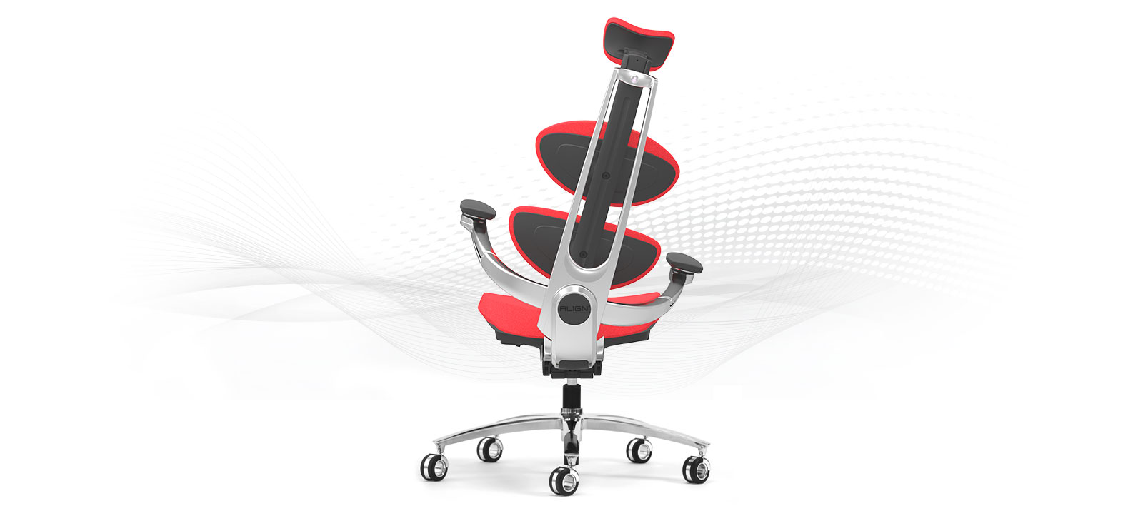 Product photography — red MUUV ergonomic chair, recline flex view