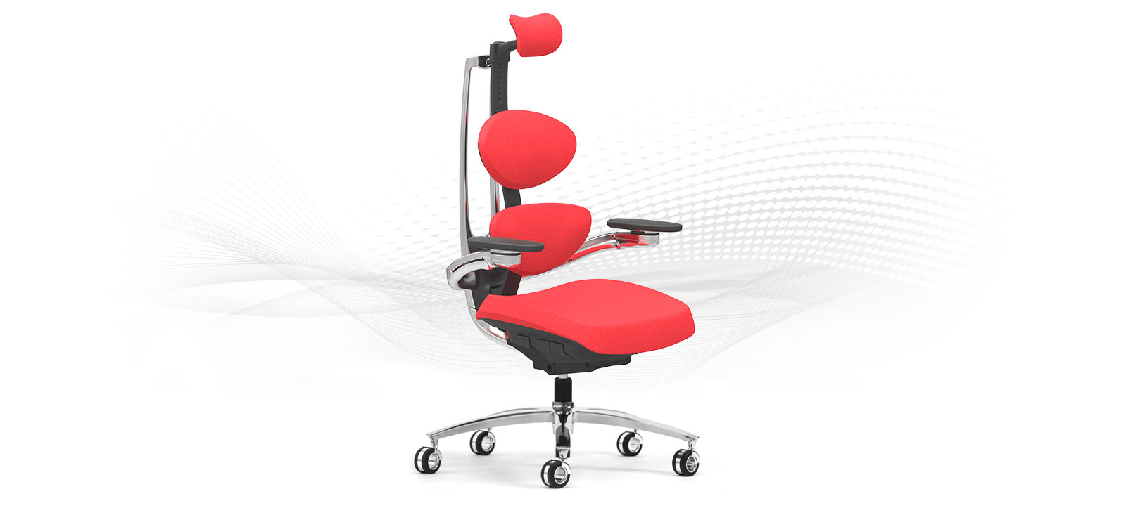Product photography — red MUUV ergonomic chair, three-quarter view