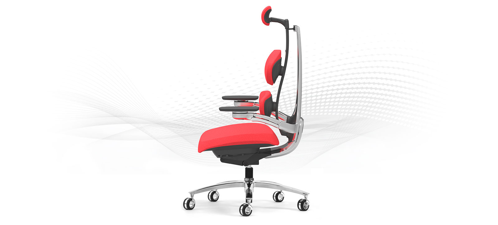 Product photography — red MUUV ergonomic chair, side view