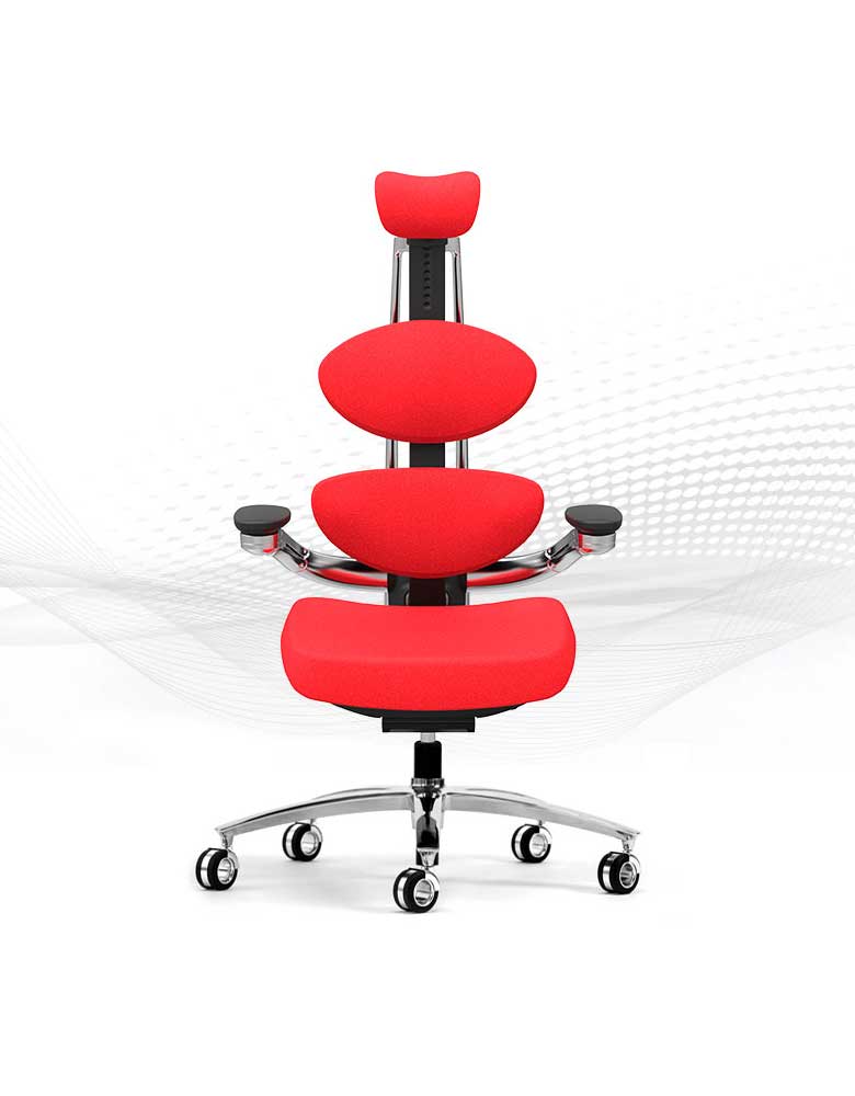Product photography — red MUUV ergonomic chair on white background