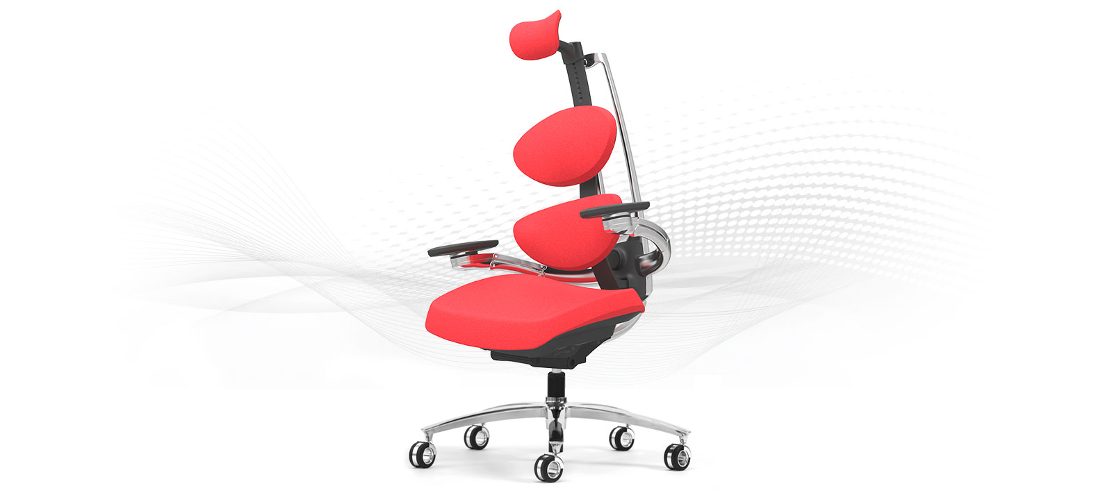 Product photography — red MUUV ergonomic chair, tilted view