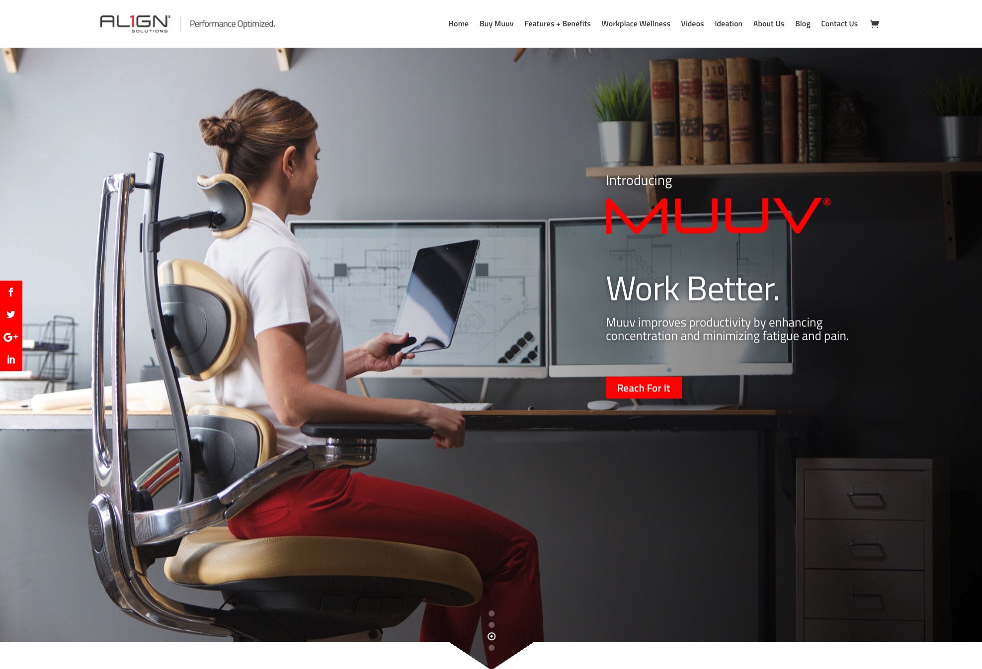MUUV website design — homepage with woman working at desk