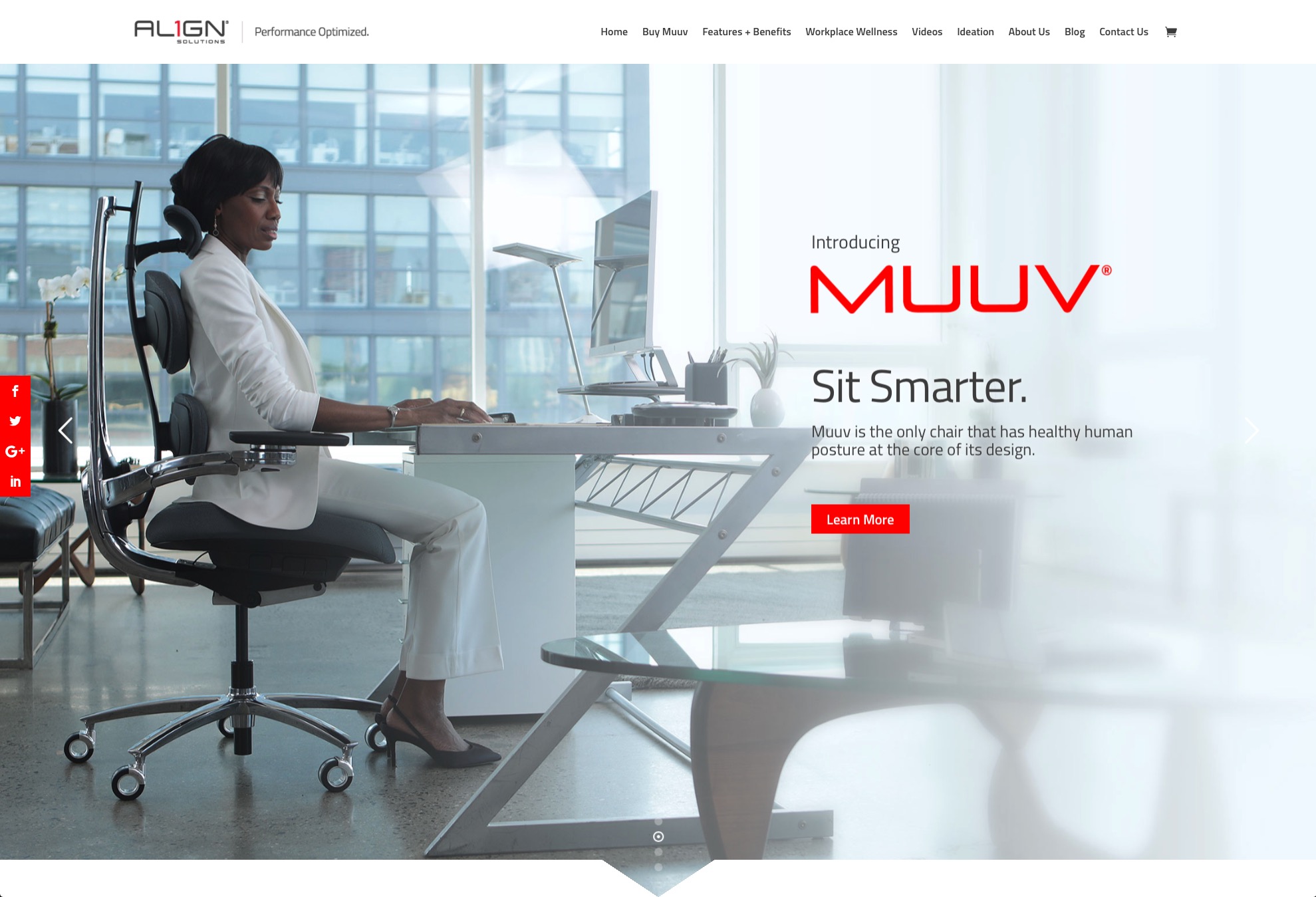 MUUV website design — Sit Smarter page with woman seated at desk