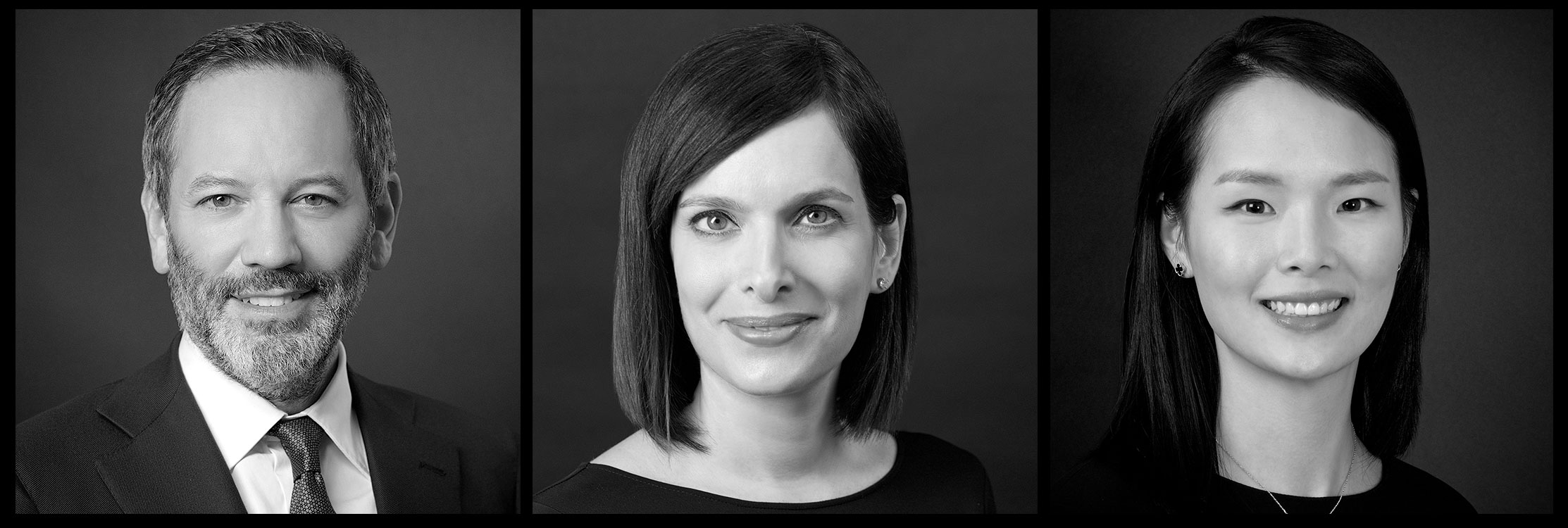 Corporate headshots NYC — three black-and-white executive portraits, set two