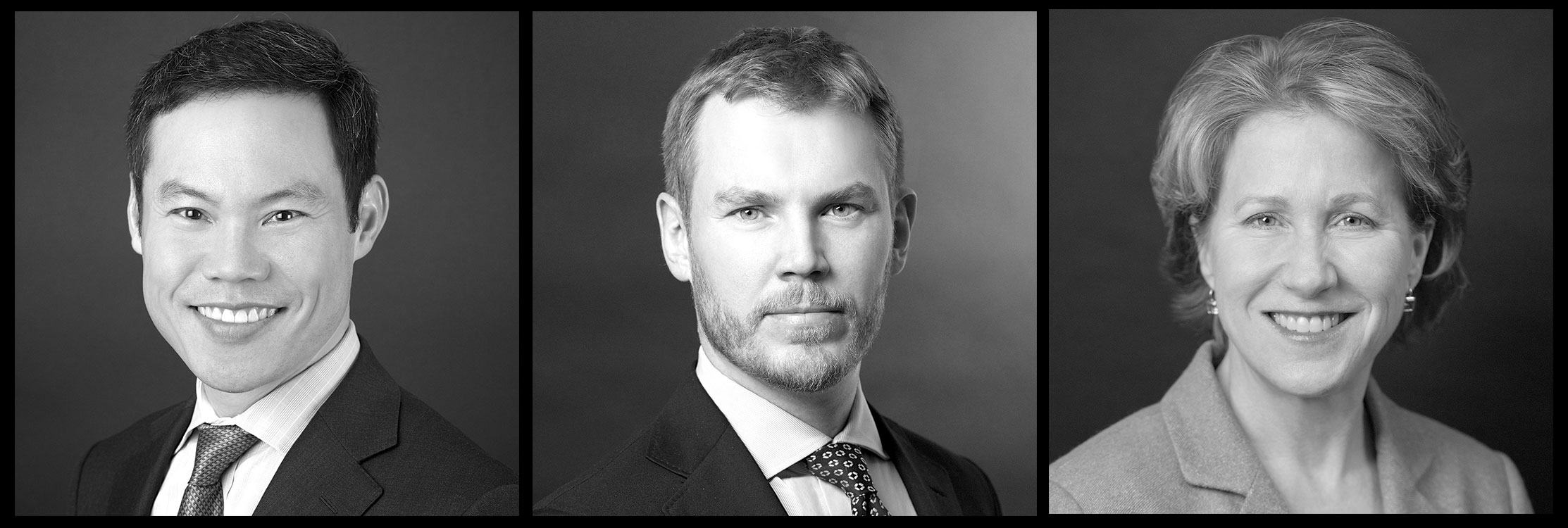 Corporate headshots NYC — three black-and-white executive portraits, set three