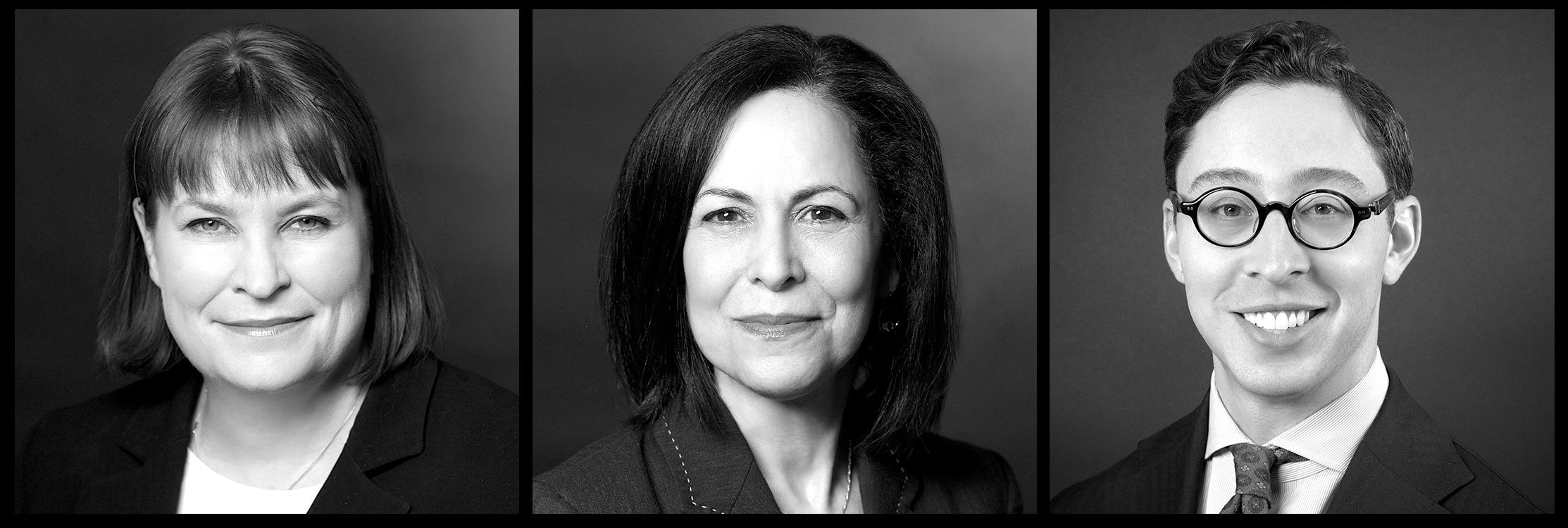 Corporate headshots NYC — three black-and-white executive portraits, set seven