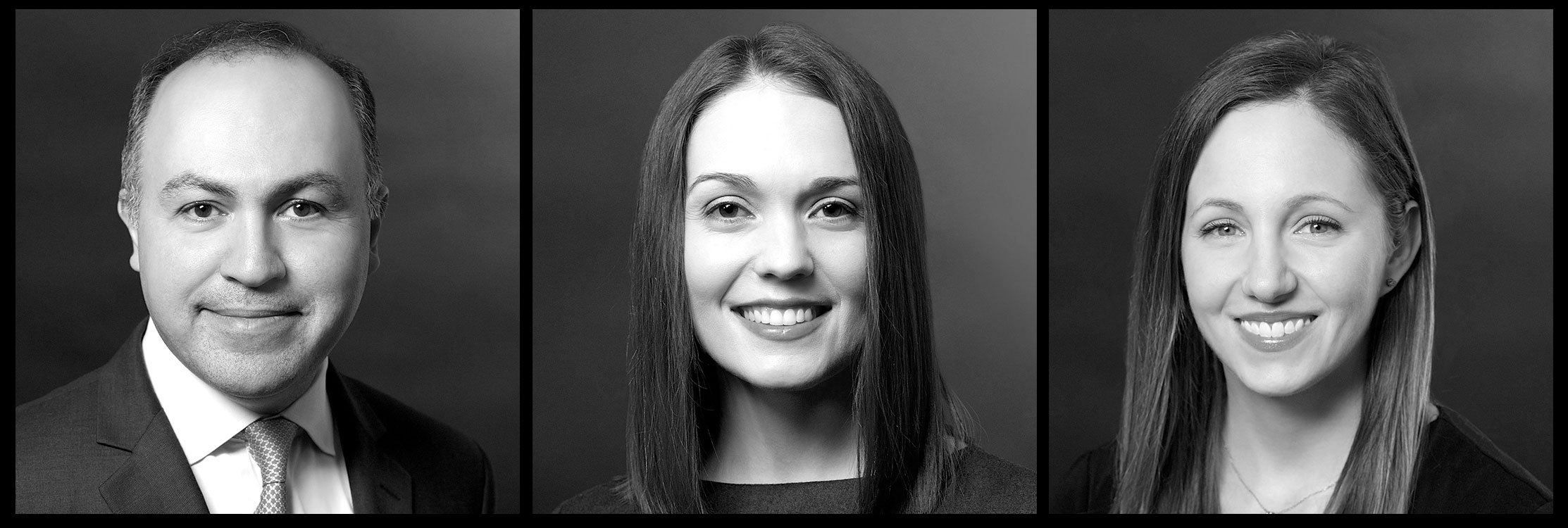 Corporate headshots NYC — three black-and-white executive portraits, set eight
